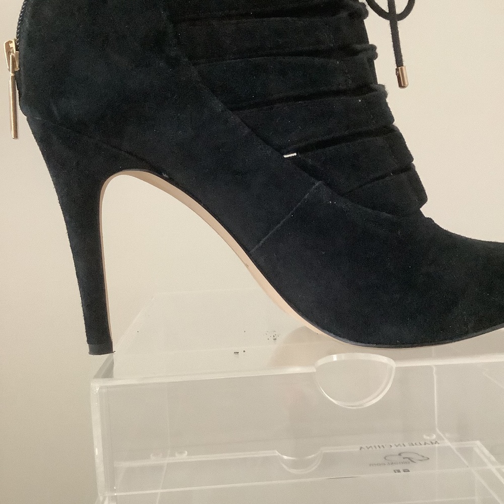 BCBG, size 9.5 kid suede black booties with front lace detail, rear zipper
